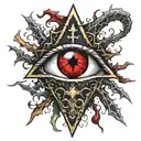 Dark black broke Satanic cross Realistic Eye, cracked and bleeding. dark black and blood red. golden cross. demonic tattoo design idea
