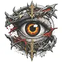 Dark black broke Satanic cross Realistic Eye, cracked and bleeding. dark black and blood red. golden cross. demonic tattoo design idea