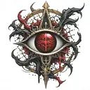 Dark black broke Satanic cross Realistic Eye, cracked and bleeding. dark black and blood red. golden cross. demonic tattoo design idea