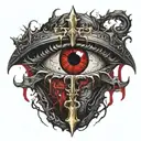 Dark black broke Satanic cross Realistic Eye, cracked and bleeding. dark black and blood red. golden cross. demonic tattoo design idea