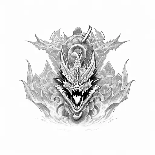Dragon caraxes curled around a medieval castle tattoo design idea