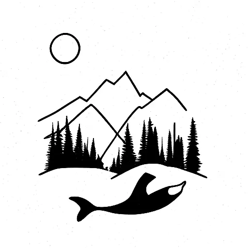 moutain with trees, raccoon, killer whale tail tattoo design idea