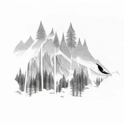 moutain with trees, raccoon, killer whale tail tattoo design idea