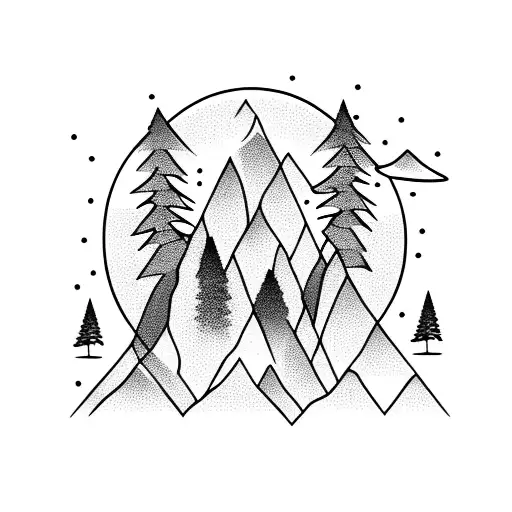 moutain with trees, raccoon, killer whale tail tattoo design idea
