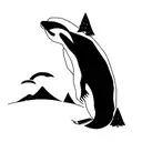 moutain with trees, raccoon, killer whale tail tattoo design idea