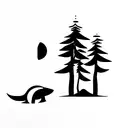 moutain with trees, raccoon, killer whale tail tattoo design idea