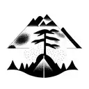 moutain with trees, raccoon, killer whale tail tattoo design idea