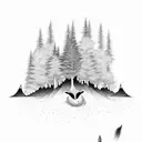 moutain with trees, raccoon, killer whale tail tattoo design idea