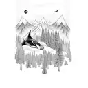 moutain with trees, raccoon, killer whale tail tattoo design idea
