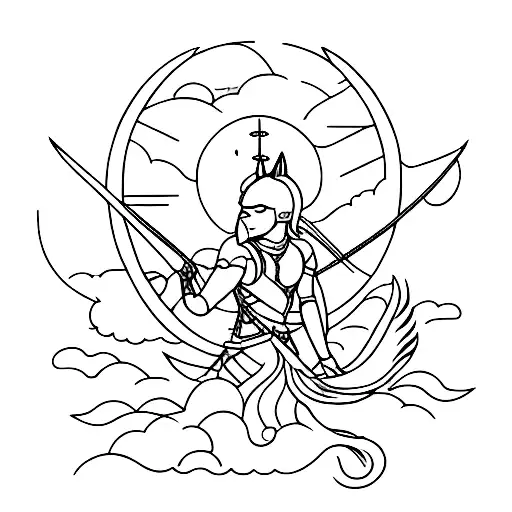 female archer, Gemini constellation at the back, moon transitioning into a sun on top of her, fox and dragon, "I see you tattoo design idea