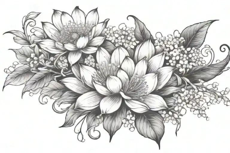 Wrap tattoo with lotus, cherry blossom, daisy, lily of the valley and honeysuckle tattoo design idea