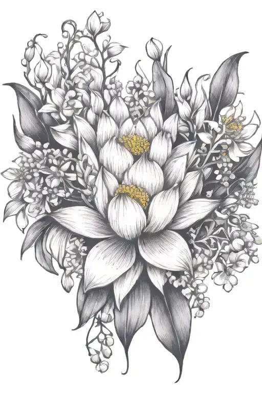 Wrap tattoo with lotus, cherry blossom, daisy, lily of the valley and honeysuckle tattoo design idea