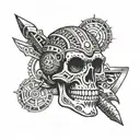 An Aztec skull adorned with intricate automotive repair tools tattoo design idea