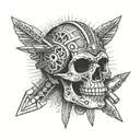 An Aztec skull adorned with intricate automotive repair tools tattoo design idea