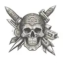 An Aztec skull adorned with intricate automotive repair tools tattoo design idea