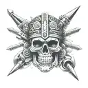 An Aztec skull adorned with intricate automotive repair tools tattoo design idea