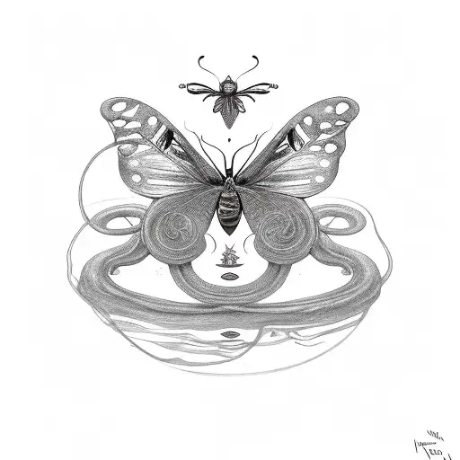 a long fine line with a semicolon symbol, Medusa, and a knife and butterflies  tattoo design idea