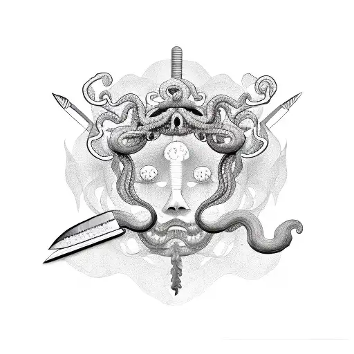 a semicolon symbol, Medusa, and a knife and butterflies  tattoo design idea