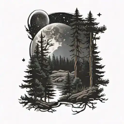 forest background with pine trees on the sides and in the center a path in the background a dark landscape with stars and a moon tattoo design idea