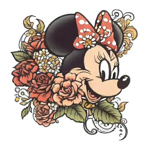 minnie mouse head with daisies and carnations  tattoo design idea