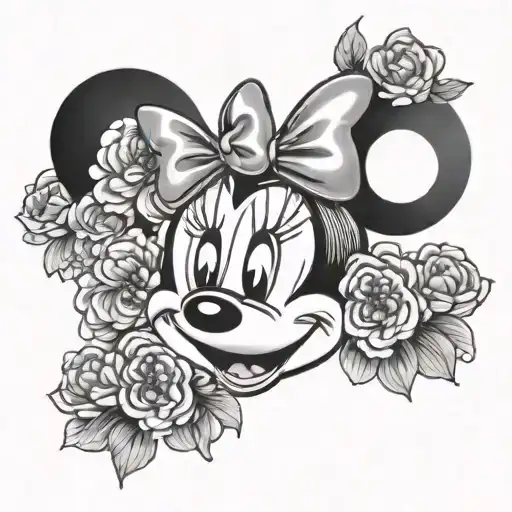 minnie mouse head with daisies and carnations  tattoo design idea