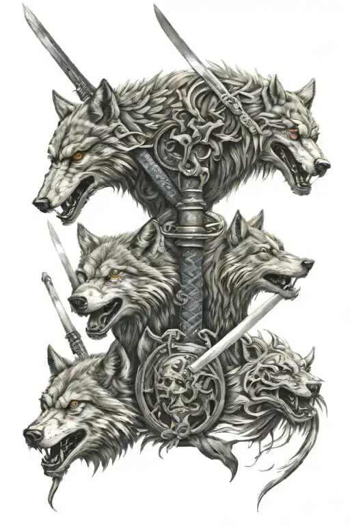 wolf familie, dragon, samurai sword tattoo design idea