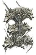 wolf familie, dragon, samurai sword tattoo design idea