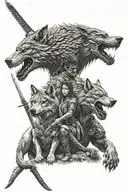 wolf familie, dragon, samurai sword tattoo design idea