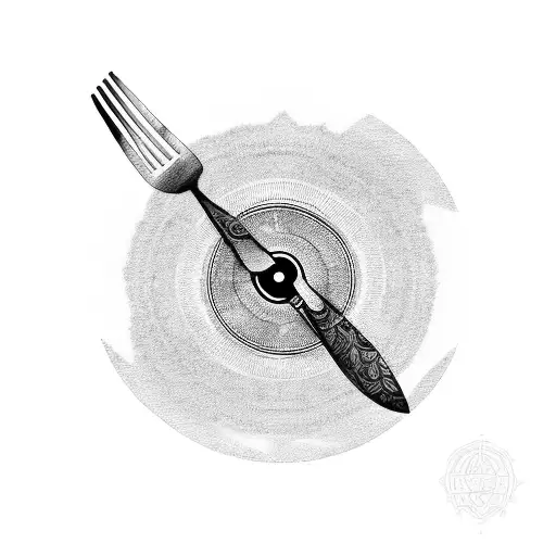 A blackwork tattoo of a vinyl record with a fork and knife crossing over it tattoo design idea