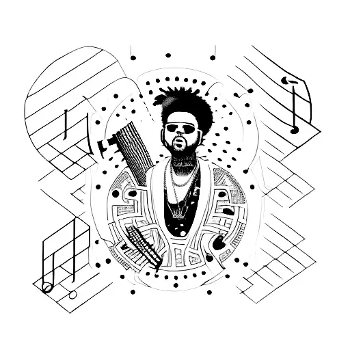 A dotwork tattoo of The Weeknd's silhouette surrounded by musical instruments tattoo design idea