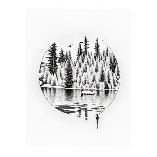 forest with lake and animals tattoo design idea