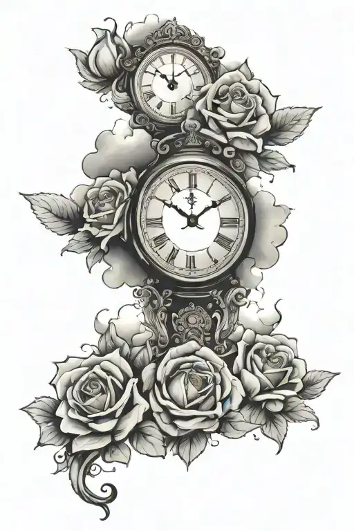 roses, clouds, a clock and the letters AAA  tattoo design idea