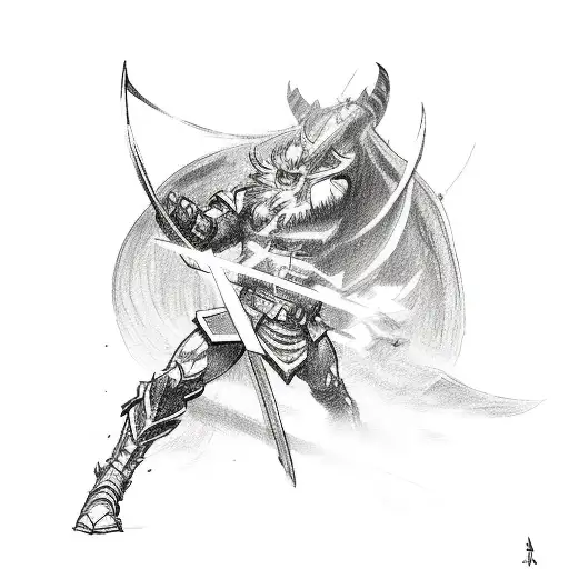 Sketch a scene of Strider Hiryu battling against a powerful enemy tattoo design idea