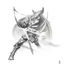 Sketch a scene of Strider Hiryu battling against a powerful enemy tattoo design idea