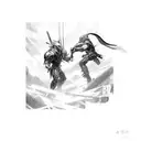 Sketch a scene of Strider Hiryu battling against a powerful enemy tattoo design idea