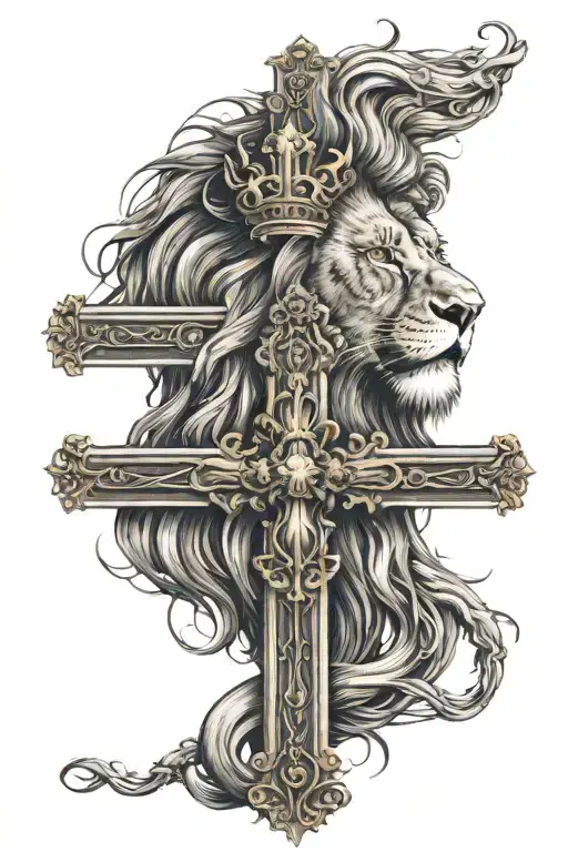lion with cross and Jesus Christ tattoo design idea