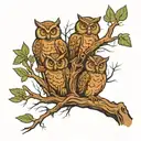 4 owls in cypress tree in swamp monster emerging tattoo design idea