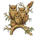 4 owls in cypress tree in swamp monster emerging tattoo design idea