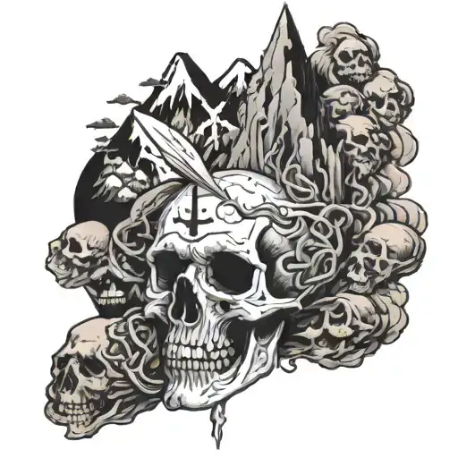 mountain of corpses, with black plague nurse next to it tattoo design idea