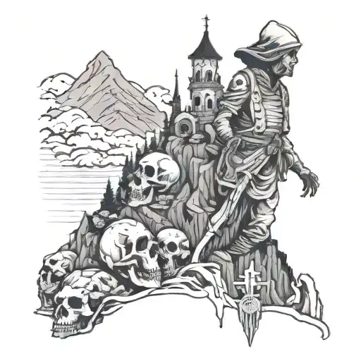 mountain of corpses, with a plague nurse next to it tattoo design idea
