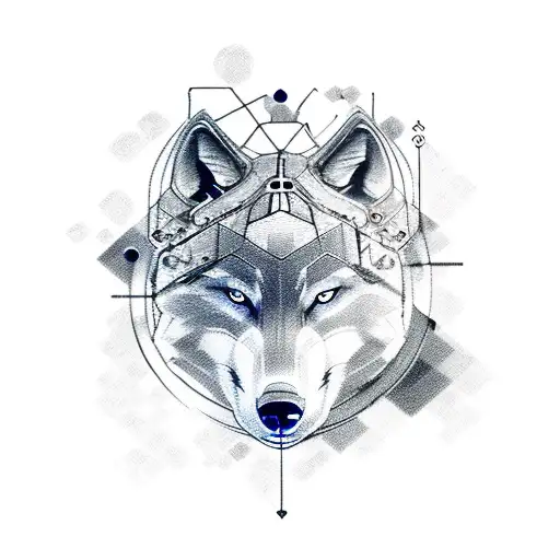 A fierce wolf with mechanical enhancements inspired by Nordic mythology and IT elements, minimalistic tattoo design idea