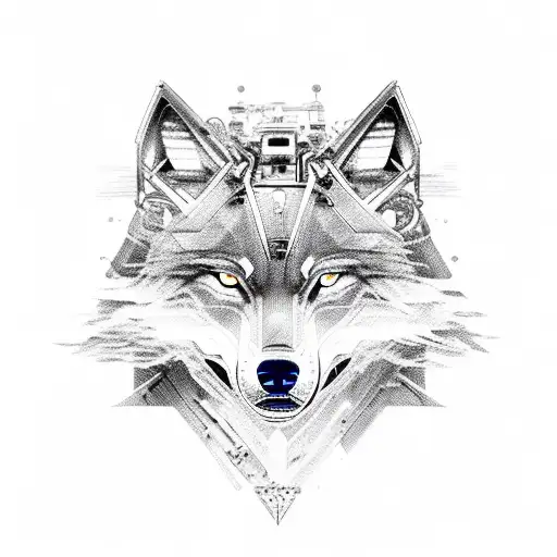 A fierce wolf with mechanical enhancements inspired by Nordic mythology and IT elements tattoo design idea