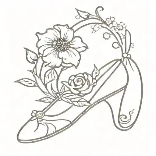 cinderellas glass slipper with peony's, daisies, carnations, and morning glory's in a bouquet surrounding it  tattoo design idea