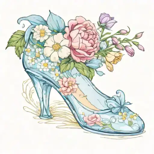 cinderellas glass slipper with peony's, daisies, carnations, and morning glory flowers surrounding the slipper  tattoo design idea