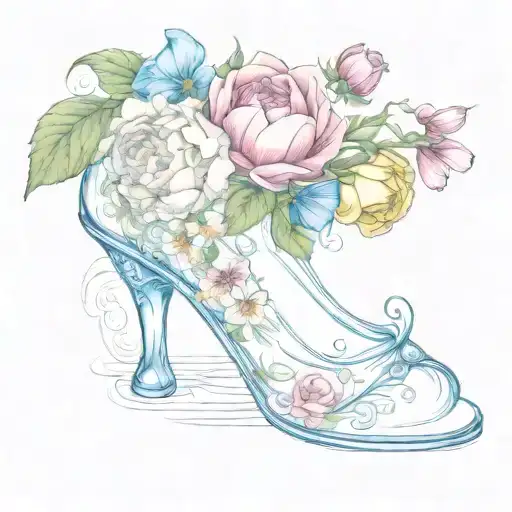 cinderellas glass slipper with peony's, daisies, carnations, and morning glory flowers surrounding the slipper  tattoo design idea