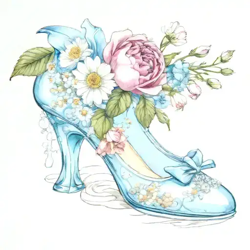 cinderellas glass slipper with peony's, daisies, carnations, and morning glory flowers surrounding the slipper  tattoo design idea