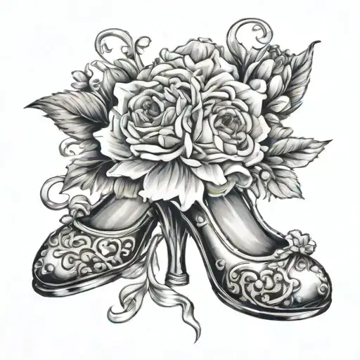 cinderellas glass slipper with peony's, daisies, carnations, and morning glory's in a bouquet surrounding it  tattoo design idea