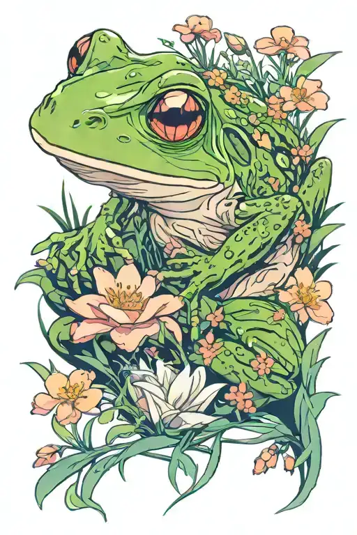 magical frog, flowers, grass, literature, Japan  tattoo design idea