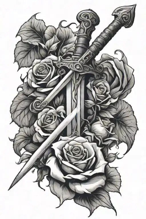 A sword with a cape hanging off the hilt and roses growing up from the bottom tattoo design idea