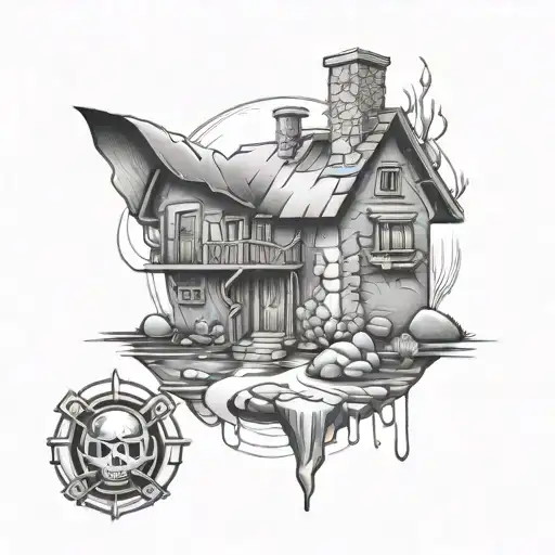 A tattoo design of a cozy home nestled in a gaming landscape with mining elements subtly integrated, reflecting the client's love for home and gaming tattoo design idea
